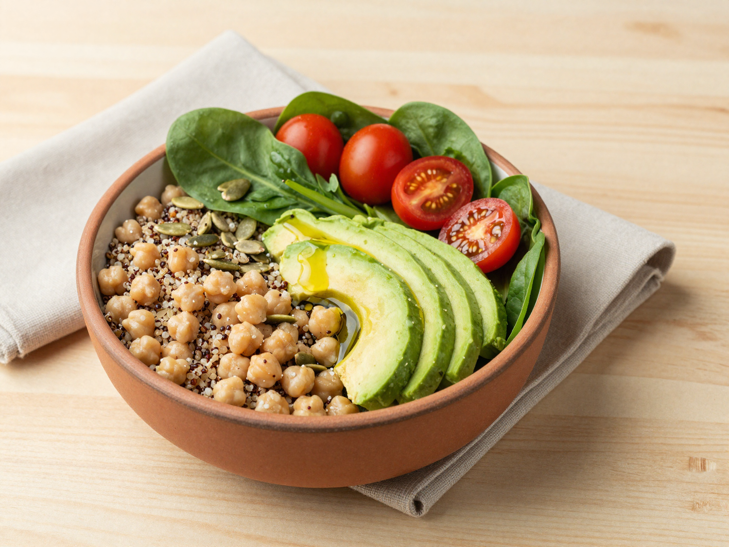 Bowl saludable con quinoa, garbanzos, aguacate y verduras frescas