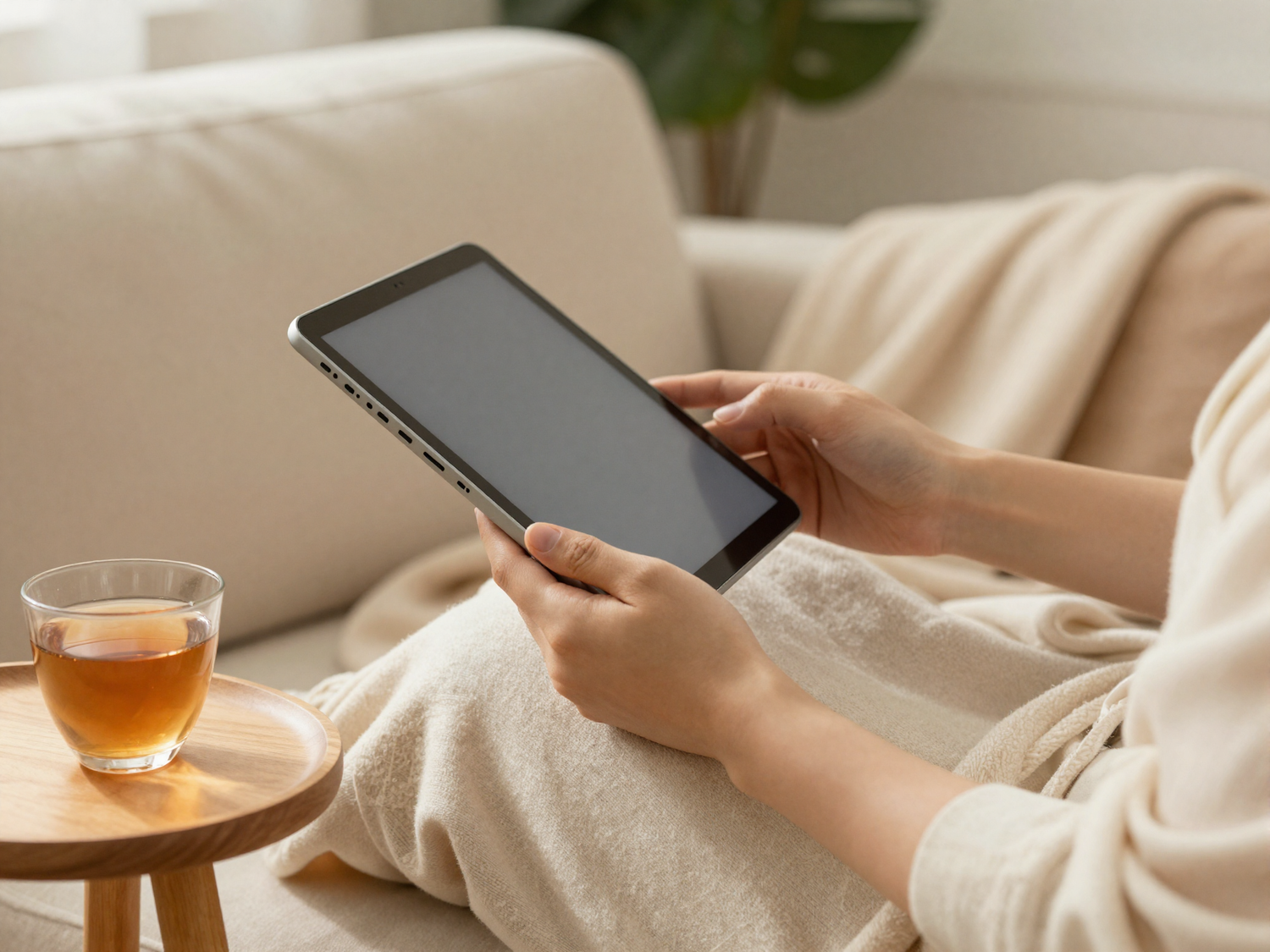 Persona leyendo en una tablet cómodamente en el sofá con una taza de té