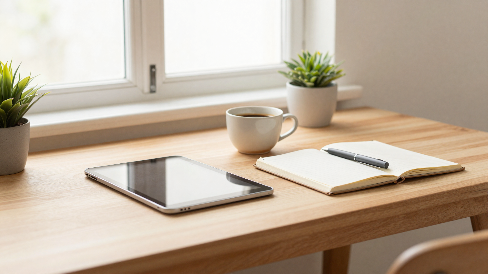 Escritorio de madera con tablet, cuaderno y taza de café junto a una ventana